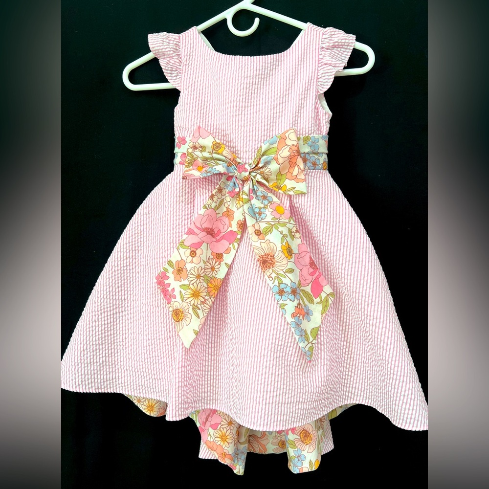 Pink Stripe Seersucker Floral Bow High-Low Dress